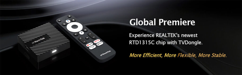 Global Premiere banner for RockTek GB1 Android TV box featuring the Realtek RTD1315C chip, emphasizing a more efficient, flexible, and stable experience. The device and remote control are displayed on a sleek, dark background