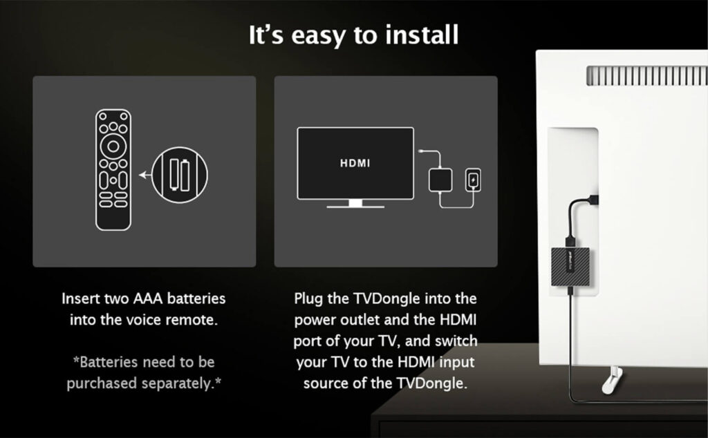 Voice command feature of the RockTek GB1 Android TV box, compatible with Google Assistant. The remote displays a voice command prompt, 'Find action movies,' while Chromecast built-in capability allows users to stream content from their devices to the TV screen for an all-encompassing entertainment experience.