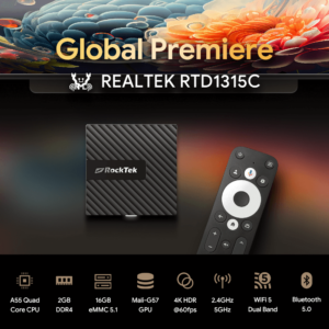 Anteprima mondiale del TV box Android GB1 di RockTek con processore Realtek RTD1315C. Mostrando il dispositivo e il telecomando, questo modello include le specifiche principali: CPU A55 Quad-Core, 2GB di RAM DDR4, 16GB di storage eMMC 5.1, GPU Mali-G57, supporto 4K HDR a 60fps, WiFi dual-band (2.4GHz e 5GHz) e Bluetooth 5.0. Progettato per lo streaming multimediale e l'integrazione con la smart home.