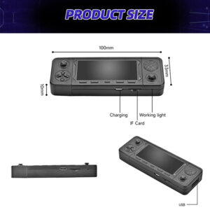 Una vista dettagliata del bastone da gioco X9 PRO con dimensioni (100 mm di lunghezza, 33 mm di larghezza e 10 mm di altezza) e porte etichettate. Le porte includono la ricarica, l'indicatore luminoso di funzionamento, lo slot per la scheda IF e la porta USB, fornendo funzionalità in un design compatto.