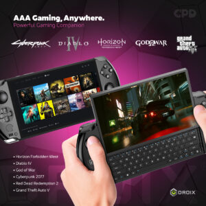 Promuovendo il gioco AAA ovunque, il GPD WIN 4 (2025) viene mostrato mentre esegue giochi come Cyberpunk 2077, Diablo IV, God of War e GTA V. Un'immagine mostra la libreria di Steam, mentre un'altra cattura la grafica del gioco, sottolineando la sua capacità di essere un potente compagno di gioco.