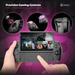 GPD WIN 4 (2025) visar upp sina Precision Gaming Controls, som är utformade för en uppslukande och mångsidig spelupplevelse. Viktiga höjdpunkter inkluderar: ALPS 3D Joysticks med L3/R3-stöd för exakt och responsiv spelupplevelse. L1/R1-triggers med anpassningsbar RGB-belysning för extra stil och funktionalitet. 2 programmerbara bakknappar med en ergonomisk 27-graders vinkel för smidig åtkomst under intensiva spelsessioner. Bilden framhäver också det uppskjutbara QWERTY -tangentbordet, perfekt för chatt och multitasking i spelet, tillsammans med en levande skärm som visar Assassin's Creed Valhalla och ett omfattande spelbibliotek. Taglinen förstärker de avancerade kontrollalternativen, vilket gör enheten till en idealisk bärbar spelkompis.