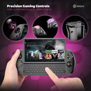 Le GPD WIN 4 (2025) présente ses commandes de jeu de précision, conçues pour une expérience de jeu immersive et polyvalente. Les points forts sont les suivants Joysticks ALPS 3D avec support L3/R3 pour un gameplay précis et réactif. Gâchettes L1/R1 avec éclairage RVB personnalisable pour plus de style et de fonctionnalité. 2 boutons arrière programmables avec un angle ergonomique de 27 degrés pour un accès facile pendant les sessions de jeu intenses. L'image met également l'accent sur le clavier coulissant QWERTY , parfait pour le chat et le multitâche dans le jeu, associé à un écran lumineux affichant Assassin's Creed Valhalla et une bibliothèque de jeux complète. Le slogan renforce les options de contrôle avancées, faisant de l'appareil un compagnon de jeu portable idéal.