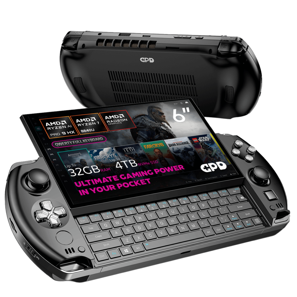 A sleek gaming handheld device with a 6" Full HD touchscreen display showcasing its compact QWERTY keyboard and powerful specs. Features include AMD Ryzen AI Pro 9 HX processor, up to 32GB RAM, and 4TB NVMe SSD storage. Highlighted text reads, "Ultimate Gaming Power in Your Pocket."