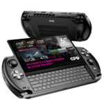 A sleek gaming handheld device with a 6" Full HD touchscreen display showcasing its compact QWERTY keyboard and powerful specs. Features include AMD Ryzen AI Pro 9 HX processor, up to 32GB RAM, and 4TB NVMe SSD storage. Highlighted text reads, "Ultimate Gaming Power in Your Pocket."