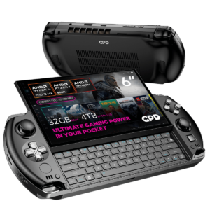 Ein schlankes Gaming-Handheld-Gerät mit einem 6-Zoll-Full-HD-Touchscreen-Display, das seine kompakte QWERTY Tastatur und seine leistungsstarken Spezifikationen präsentiert. Zur Ausstattung gehören ein AMD Ryzen AI Pro 9 HX-Prozessor, bis zu 32 GB RAM und 4 TB NVMe SSD-Speicher. Der hervorgehobene Text lautet: &quot;Ultimative Gaming-Power in Ihrem Pocket&quot;.