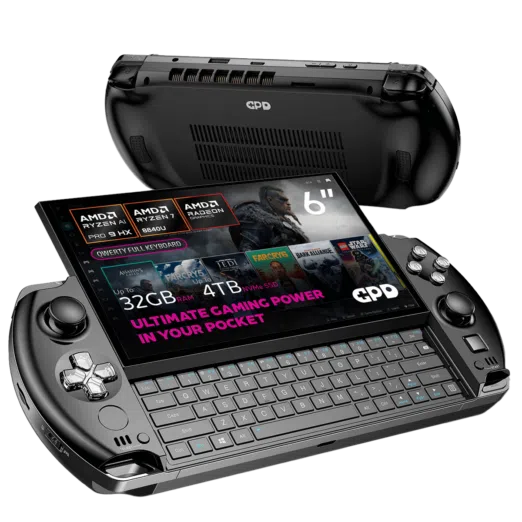 A sleek gaming handheld device with a 6" Full HD touchscreen display showcasing its compact QWERTY keyboard and powerful specs. Features include AMD Ryzen AI Pro 9 HX processor, up to 32GB RAM, and 4TB NVMe SSD storage. Highlighted text reads, "Ultimate Gaming Power in Your Pocket."