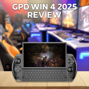 An image of the GPD WIN 4 2025 model, showcasing its compact handheld gaming device with a physical keyboard and integrated gaming controls. The device is displayed against a wooden surface in the foreground, with a blurred gaming setup featuring multiple monitors and gaming chairs in the background. The text &#039;GPD WIN 4 2025 REVIEW&#039; is prominently placed at the top of the image.