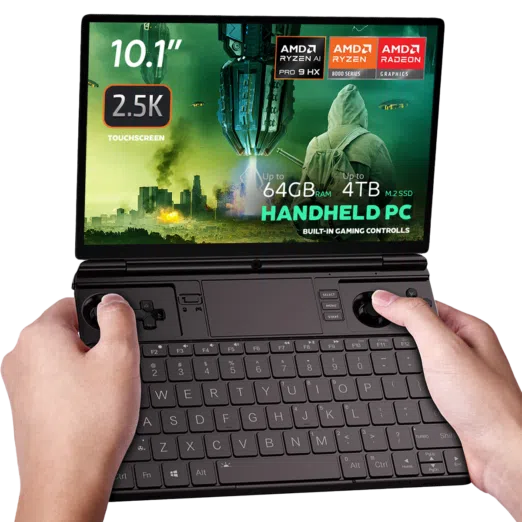 Image of the GPD Win Max 2 2025, a handheld gaming PC with a 10.1-inch 2.5K touchscreen display. It features AMD Ryzen AI Pro 9 HX and Radeon 8000 Series graphics. The device boasts up to 64GB RAM and up to 4TB M.2 SSD storage, with built-in gaming controls and a full QWERTY keyboard. The screen displays a futuristic gaming scene with vibrant visuals, emphasizing its advanced performance capabilities.