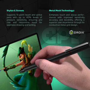 Image showcasing the GPD Win Max 2 2025’s support for 10-point touch and active stylus pens with 4096 pressure levels, perfect for drawing and writing. Highlights include Metal Mesh Technology for improved touch sensitivity and accuracy.