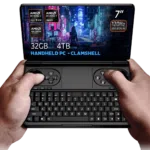 Hands holding the GPD Win Mini 2025, a clamshell handheld PC with a 7-inch 120Hz VRR display, powered by AMD Ryzen AI 9 HX 365/370 or Ryzen 7 8840U processors. Featuring up to 64GB RAM and 4TB NVMe storage, it is optimized for gaming and productivity with Hall Effect joysticks, a full QWERTY keyboard, and stunning cyberpunk-themed visuals on the screen.