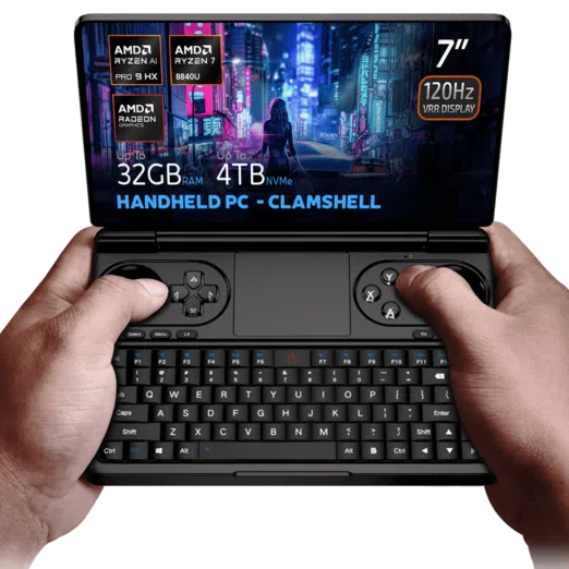 Hands holding the GPD Win Mini 2025, a clamshell handheld PC with a 7-inch 120Hz VRR display, powered by AMD Ryzen AI 9 HX 365/370 or Ryzen 7 8840U processors. Featuring up to 64GB RAM and 4TB NVMe storage, it is optimized for gaming and productivity with Hall Effect joysticks, a full QWERTY keyboard, and stunning cyberpunk-themed visuals on the screen.