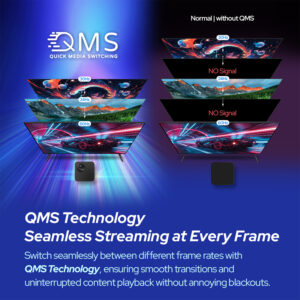 Illustration de la technologie Quick Media Switching (QMS) en action, démontrant des transitions fluides entre différentes fréquences d'images sans coupure pendant la lecture.