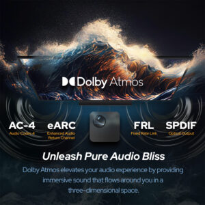 A cinematic image showcasing Dolby Atmos audio technology, with a wave-like design representing immersive and multidimensional sound quality.