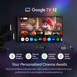 L'interface conviviale de Google TV 12, qui met en avant les recommandations de contenu, la télévision en direct, les fonctions de diffusion et la commande vocale avec Google Assistant.