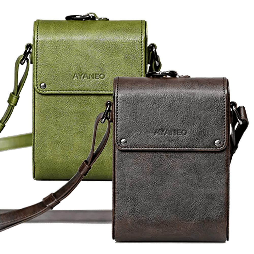 A side-by-side display of two AYANEO leather crossbody bags in green and brown. Both bags are minimalist in design, with embossed branding and adjustable straps.