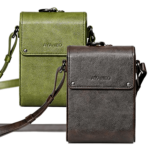 A side-by-side display of two AYANEO leather crossbody bags in green and brown. Both bags are minimalist in design, with embossed branding and adjustable straps.