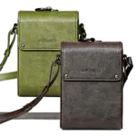 A side by side display of two AYANEO leather crossbody bags in green and brown Both bags are minimalist in design with embossed branding and adjustable straps