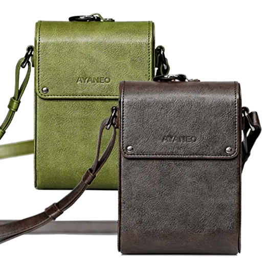 A side by side display of two AYANEO leather crossbody bags in green and brown Both bags are minimalist in design with embossed branding and adjustable straps