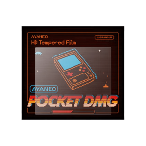 AYANEO Pocket DMG Screen Protector packaging with a retro-themed design featuring an illustration of a handheld gaming console and the text 'AYANEO HD Tempered Film' in vibrant colors.