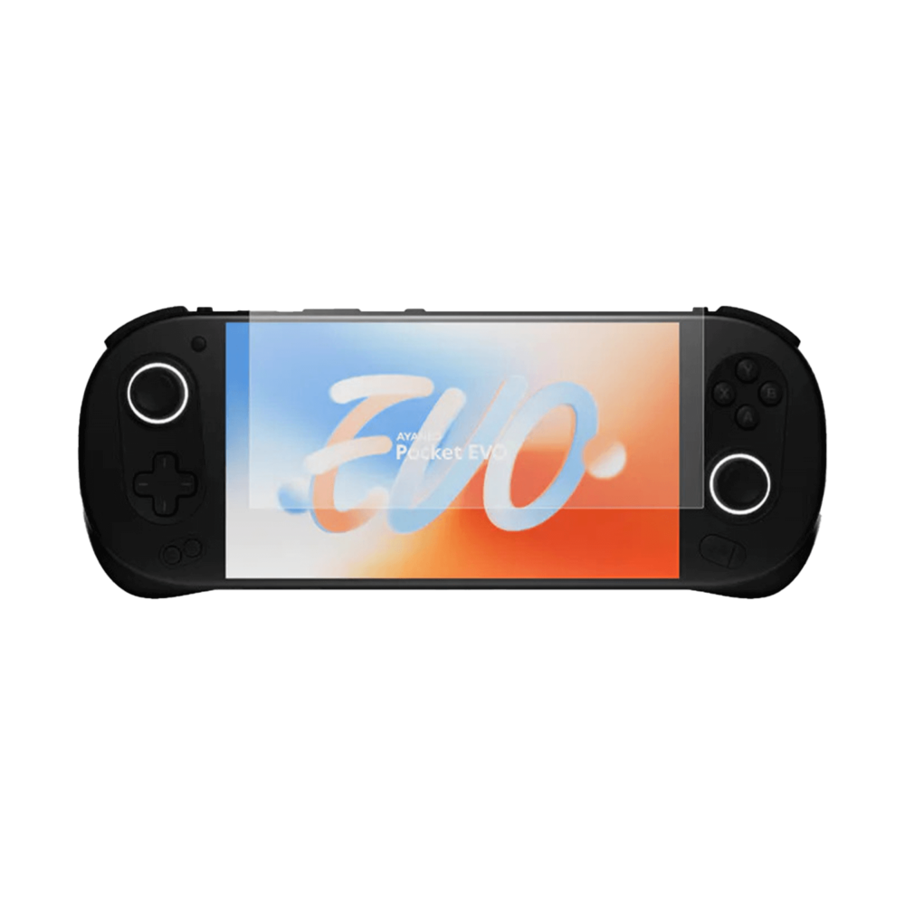 AYANEO Pocket EVO handheld device with a screen protector applied, showcasing a crystal-clear protective layer that guards the display against scratches and smudges while maintaining vibrant screen clarity and touch responsiveness