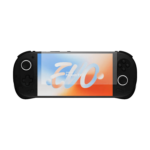 AYANEO Pocket EVO handheld device with a screen protector applied, showcasing a crystal-clear protective layer that guards the display against scratches and smudges while maintaining vibrant screen clarity and touch responsiveness