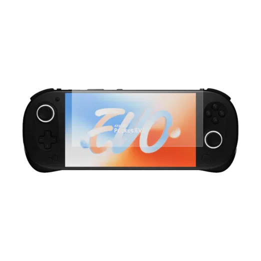 AYANEO Pocket EVO handheld device with a screen protector applied, showcasing a crystal-clear protective layer that guards the display against scratches and smudges while maintaining vibrant screen clarity and touch responsiveness