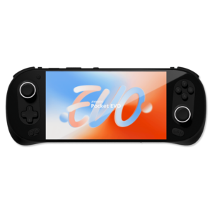 AYANEO Pocket EVO handheld gaming console with a sleek black design and a vibrant 7-inch OLED display showcasing the AYANEO Pocket EVO logo in a dynamic red, white, and blue gradient.