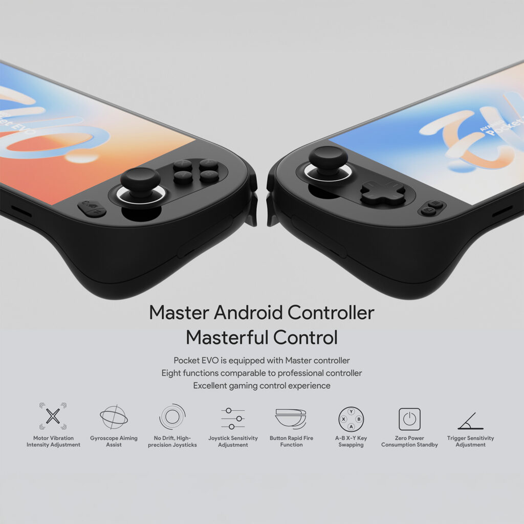 Close up of the AYANEO Pocket EVO Master Controller in black featuring high precision joysticks trigger buttons and eight customizable functions for a professional gaming experience
