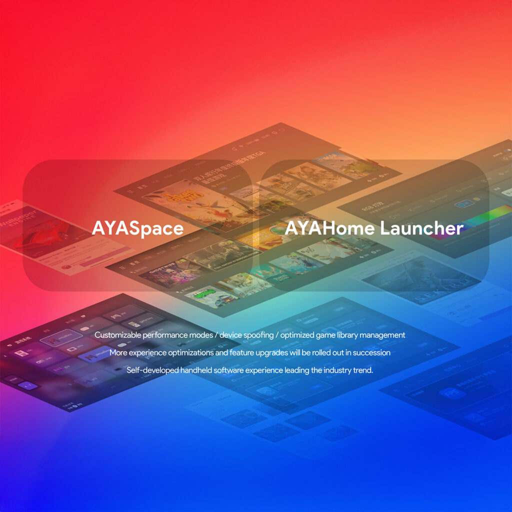 AYASpace and AYAHome launcher interface showcasing customizable performance modes optimized game library management and seamless user experience on the AYANEO Pocket EVO