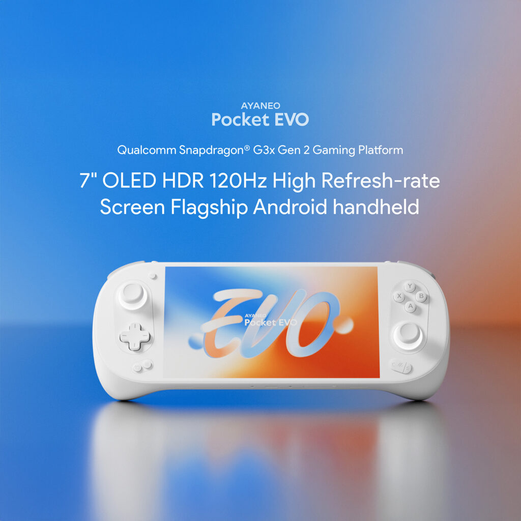 AYANEO Pocket EVO in white featuring a 7 inch OLED HDR 120Hz screen and Snapdragon G3x Gen 2 gaming platform displayed against a gradient blue to orange background