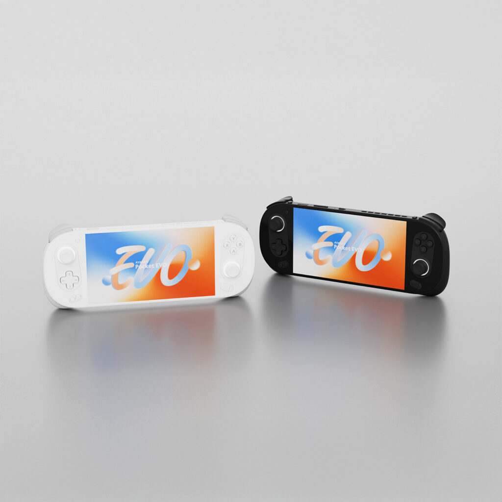 Side by side comparison of the white and black variants of the AYANEO Pocket EVO highlighting its modern and sleek design with a vibrant display