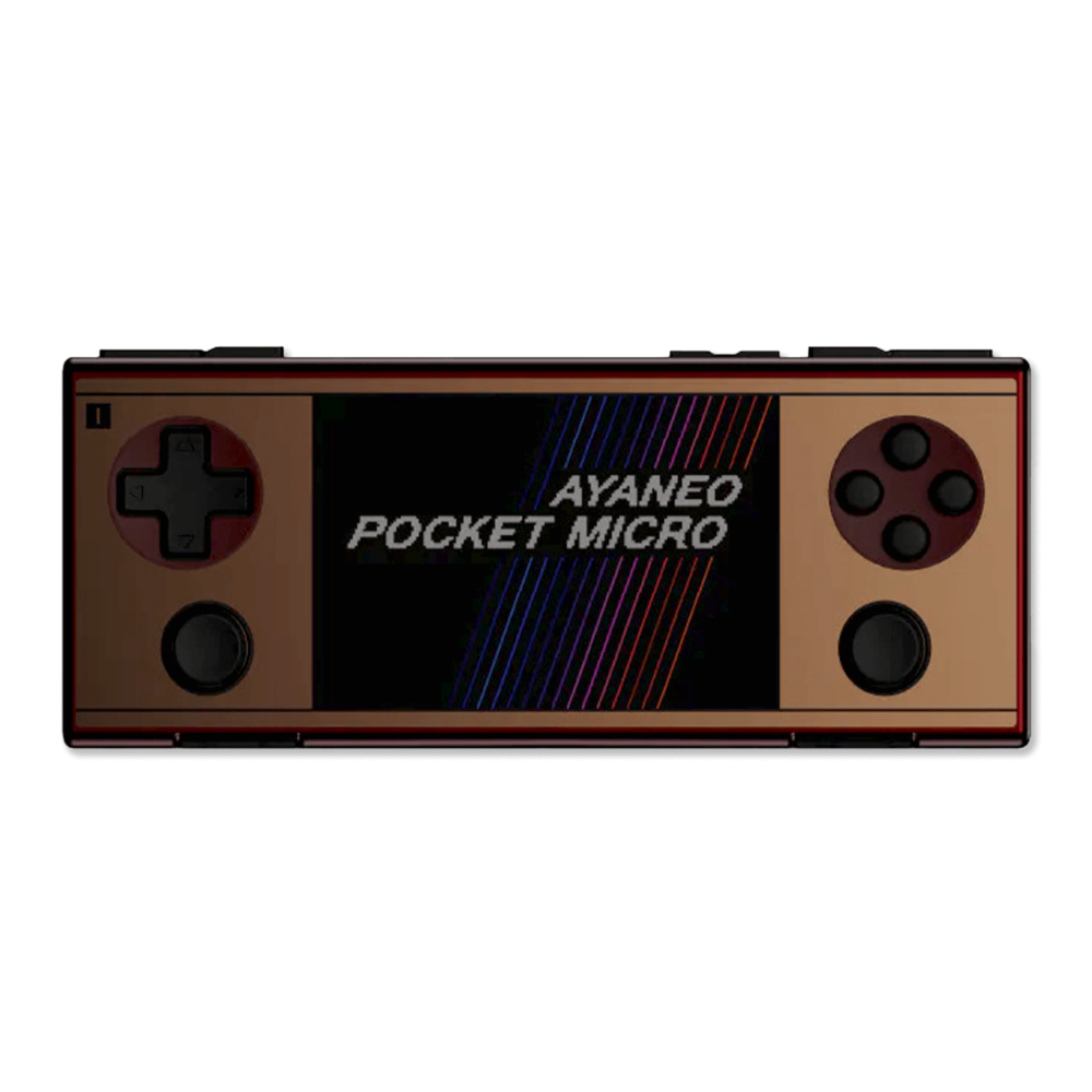 Front view of the AYANEO Pocket Micro in Gold (described as "Retro Gold"), displaying the same game as the black version. This image highlights the device's color variety while maintaining identical button layout and screen display.