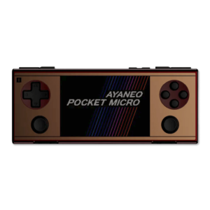 Front view of the AYANEO Pocket Micro in Gold (described as &quot;Retro Gold&quot;), displaying the same game as the black version. This image highlights the device&#039;s color variety while maintaining identical button layout and screen display.