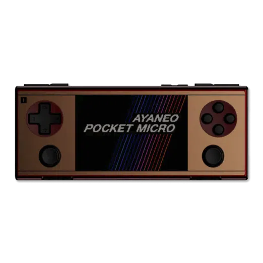 Front view of the AYANEO Pocket Micro in Gold (described as "Retro Gold"), displaying the same game as the black version. This image highlights the device's color variety while maintaining identical button layout and screen display.