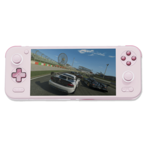 AYANEO Pocket S in &quot;Sakura Pink&quot; – A sleek handheld gaming device featuring vibrant pink controls, a high-resolution display showcasing a racing game, and a modern, portable design. The back and front views highlight its stylish aesthetics and attention to detail.