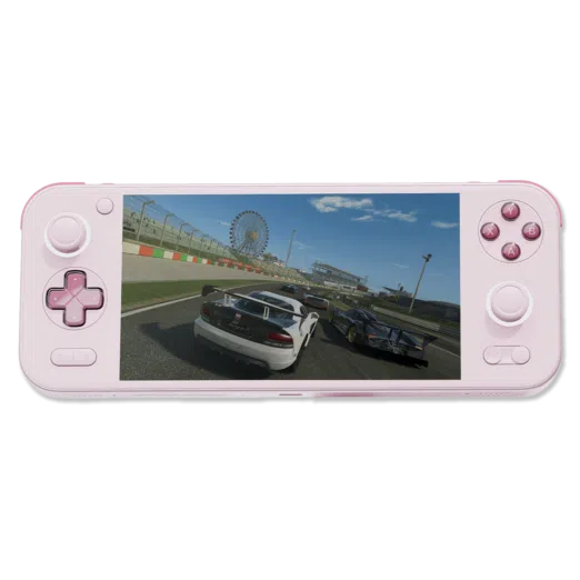AYANEO Pocket S in "Sakura Pink" – A sleek handheld gaming device featuring vibrant pink controls, a high-resolution display showcasing a racing game, and a modern, portable design. The back and front views highlight its stylish aesthetics and attention to detail.