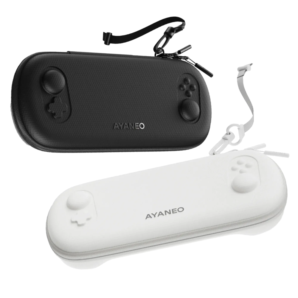 AYANEO Pocket EVO Cases in black and white variants, featuring a sleek and ergonomic design with a detachable strap for easy carrying. The cases are shaped to protect the device, with a texture that ensures durability and style