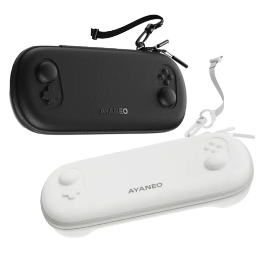 AYANEO Pocket EVO Cases in black and white variants, featuring a sleek and ergonomic design with a detachable strap for easy carrying. The cases are shaped to protect the device, with a texture that ensures durability and style