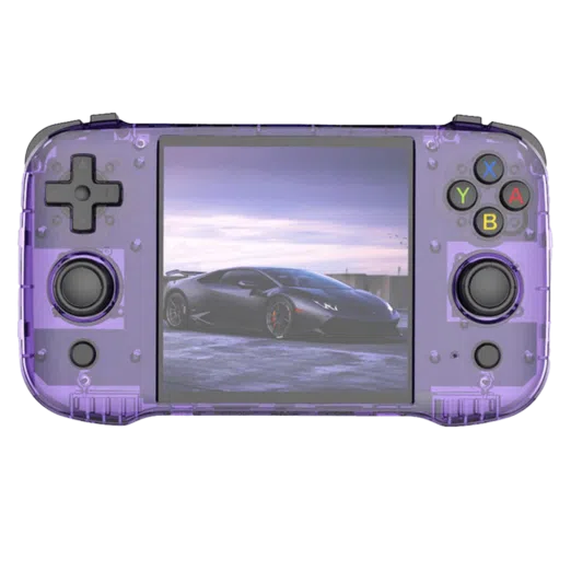 A front-facing view of the R46S gaming handheld in a transparent purple design. The layout includes a D-pad, analog sticks, colorful XYAB buttons, and the screen displaying a sports car against a scenic backdrop.
