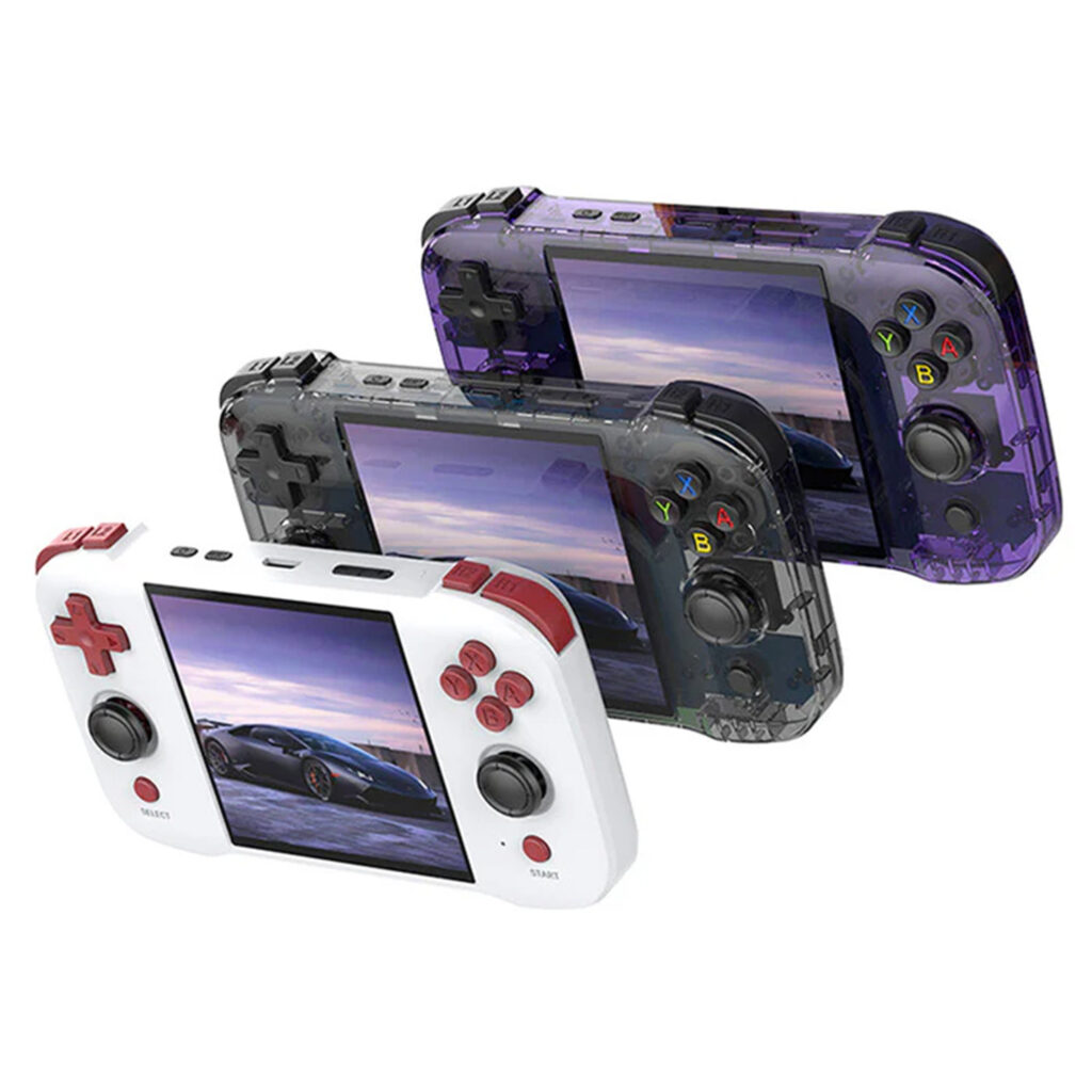 Three color variants of the gaming handheld device white with red accents transparent black and transparent purple each displaying a car on the screen