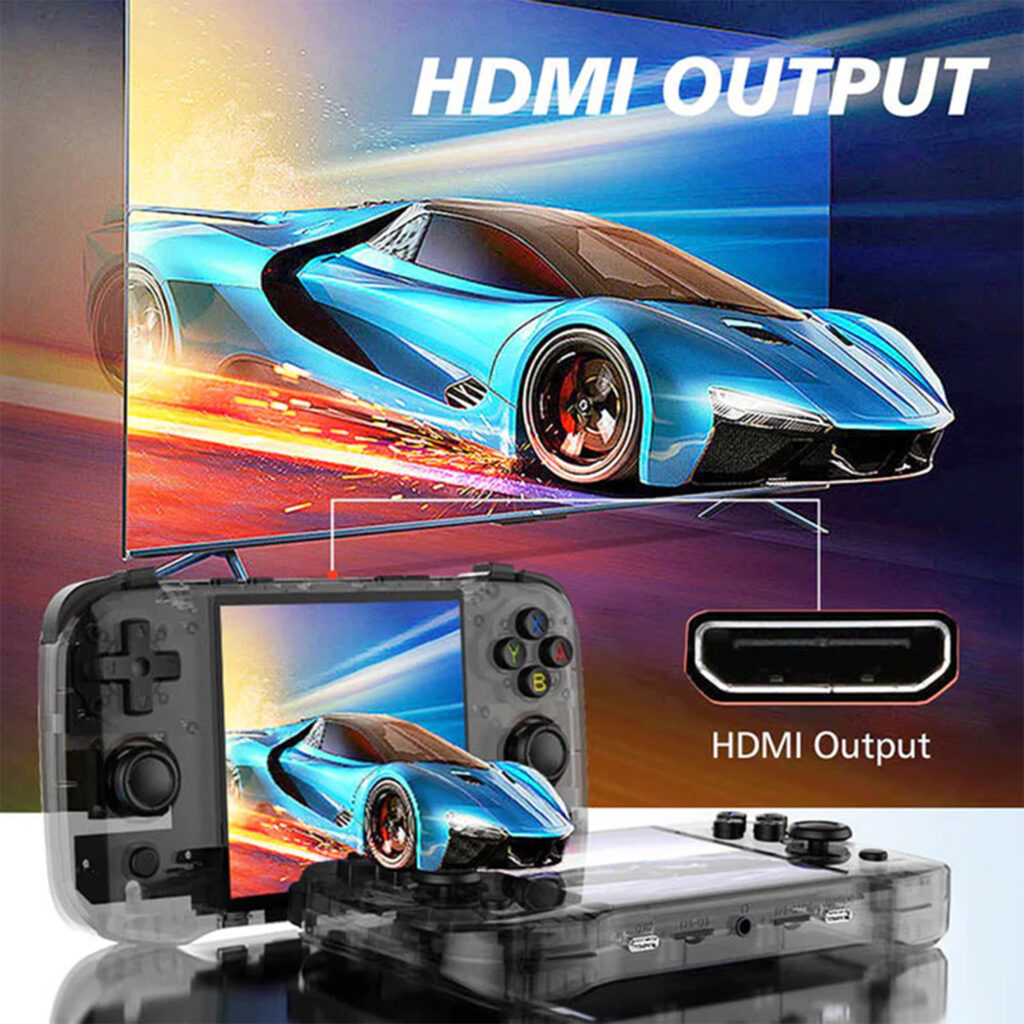 The gaming handheld device connected to a large display using an HDMI output showcasing a fast car on the screen