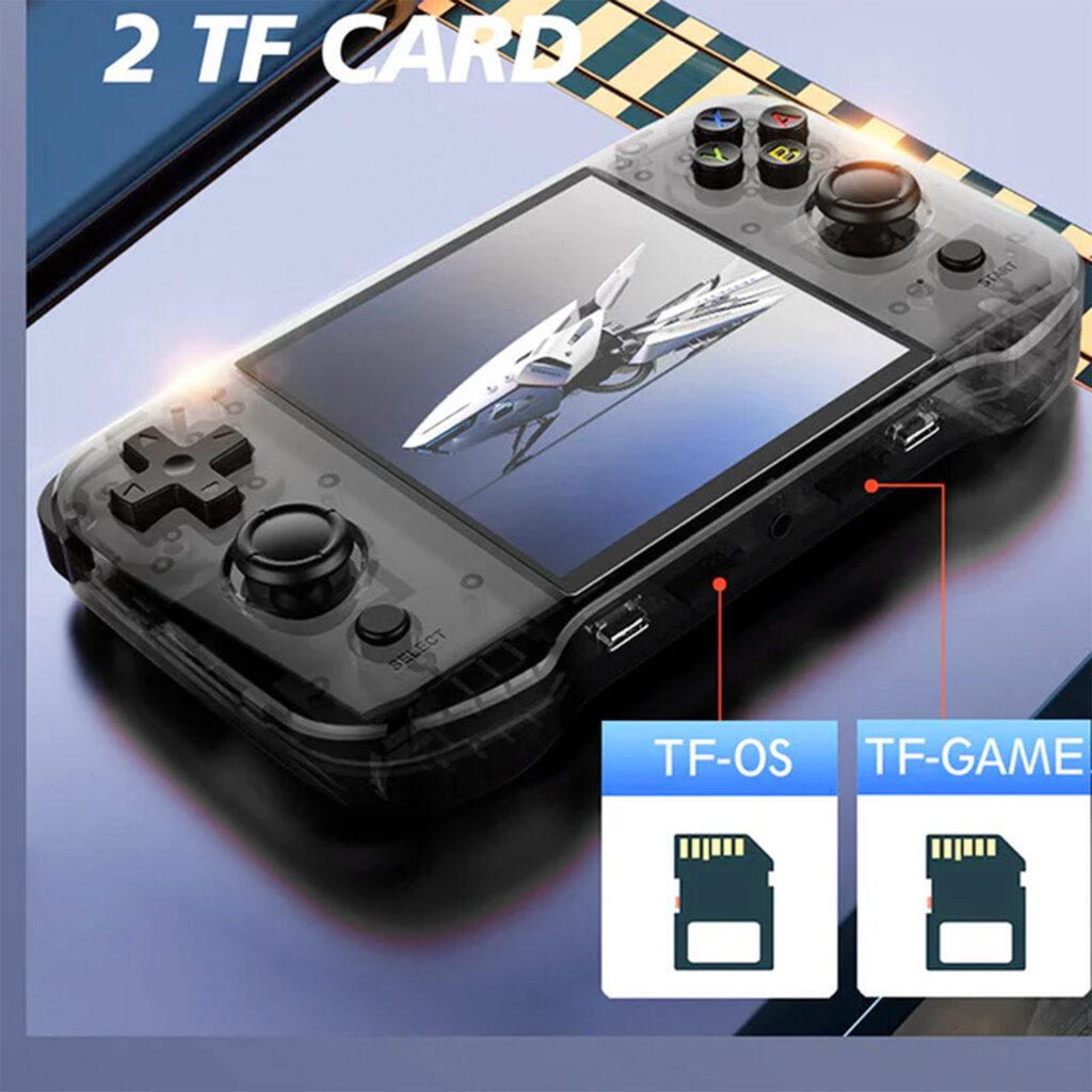 A close up of the handheld device showing dual TF card slots labeled for OS and game storage highlighting expandability