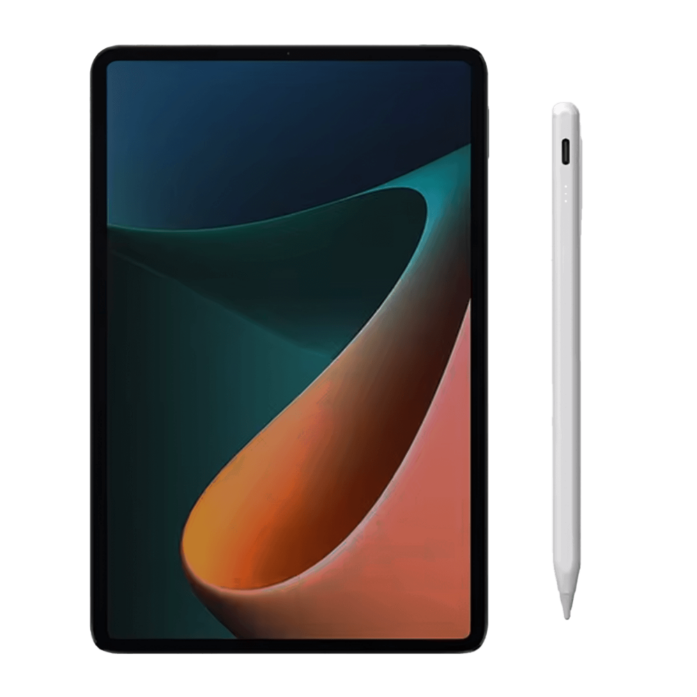 Tablet with a black frame and a vibrant screen displaying an abstract gradient design in green, blue, and orange hues, accompanied by a white capacitive stylus with a smooth, minimalist design.