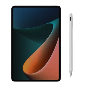 Tablet with a black frame and a vibrant screen displaying an abstract gradient design in green, blue, and orange hues, accompanied by a white capacitive stylus with a smooth, minimalist design.