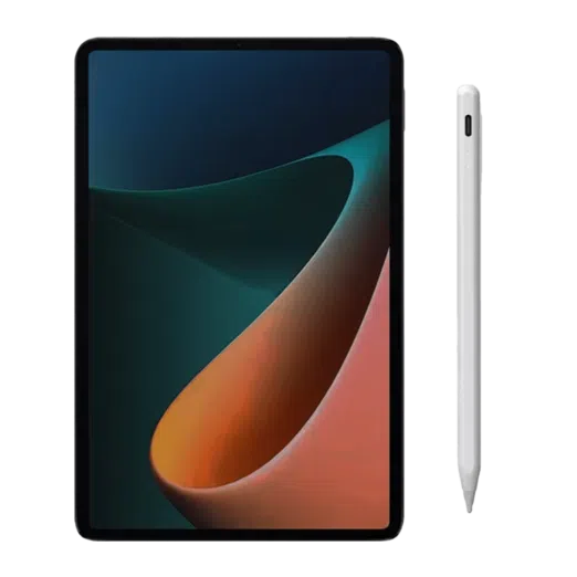 Tablet with a black frame and a vibrant screen displaying an abstract gradient design in green, blue, and orange hues, accompanied by a white capacitive stylus with a smooth, minimalist design.