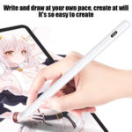 Hand holding a white capacitive stylus, sketching an anime-style character on a tablet screen, accompanied by the text: &#039;Write and draw at your own pace, create at will. It&#039;s so easy to create.