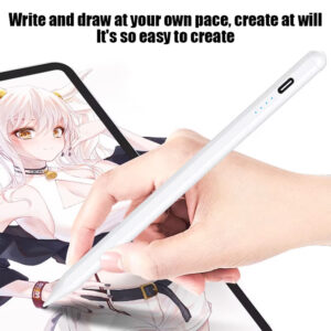 Hand holding a white capacitive stylus, sketching an anime-style character on a tablet screen, accompanied by the text: 'Write and draw at your own pace, create at will. It's so easy to create.