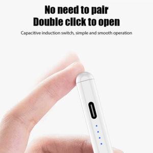 Close-up view of the white capacitive stylus with a fingertip double-tapping its capacitive induction switch, showcasing the text: 'No need to pair. Double click to open. Simple and smooth operation.