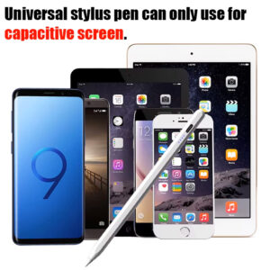 Universal stylus pen displayed alongside various devices, including smartphones and tablets, with the text: &#039;Universal stylus pen can only use for capacitive screen.